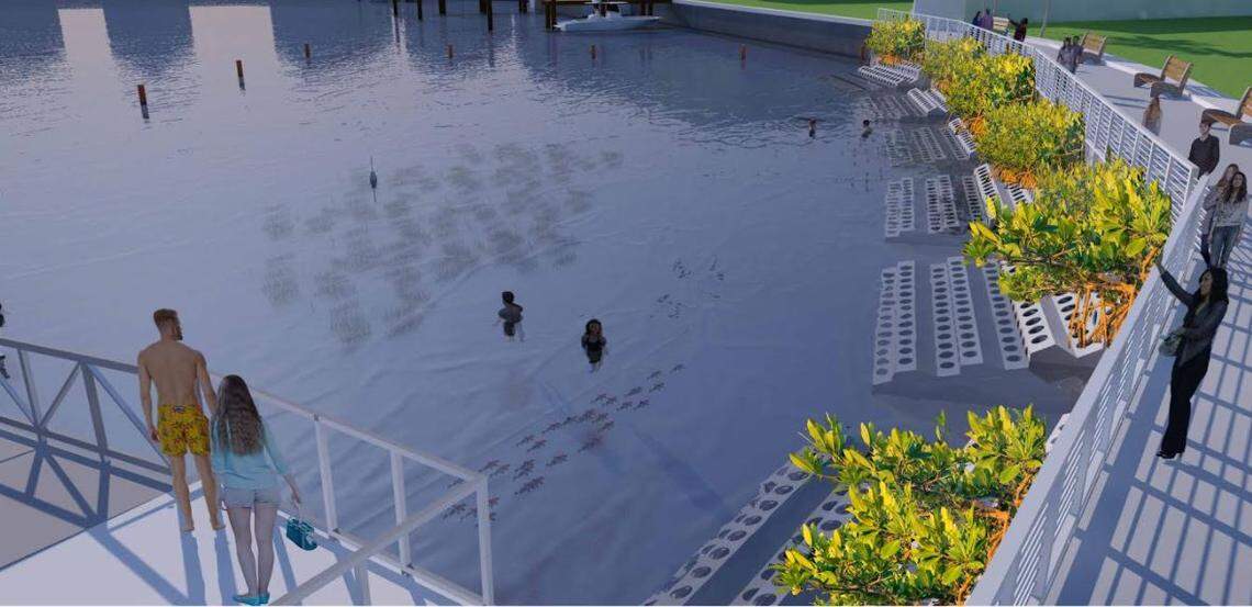 A rendering showing what Wahoo Bay, a sunken park planned for the Hillsboro Inlet near Pompano Beach, might look like when it’s built. The project will feature SEAHIVE technology from the University of Miami.