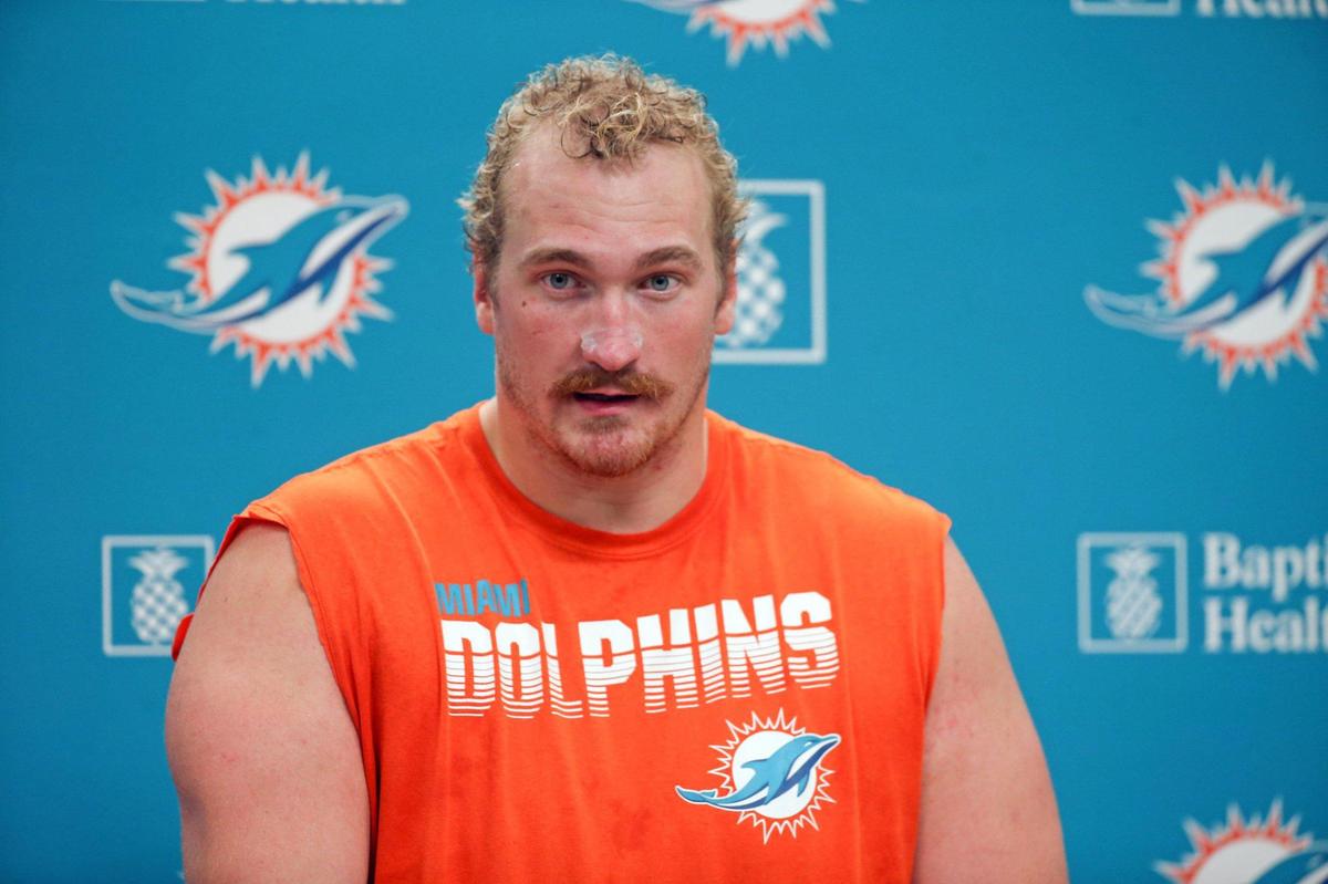 Miami Dolphins offensive lineman Liam Eichenberg (74) speaks with reporters after practice at Baptist Health Training Complex in Miami Gardens on Friday, July 29, 2022.