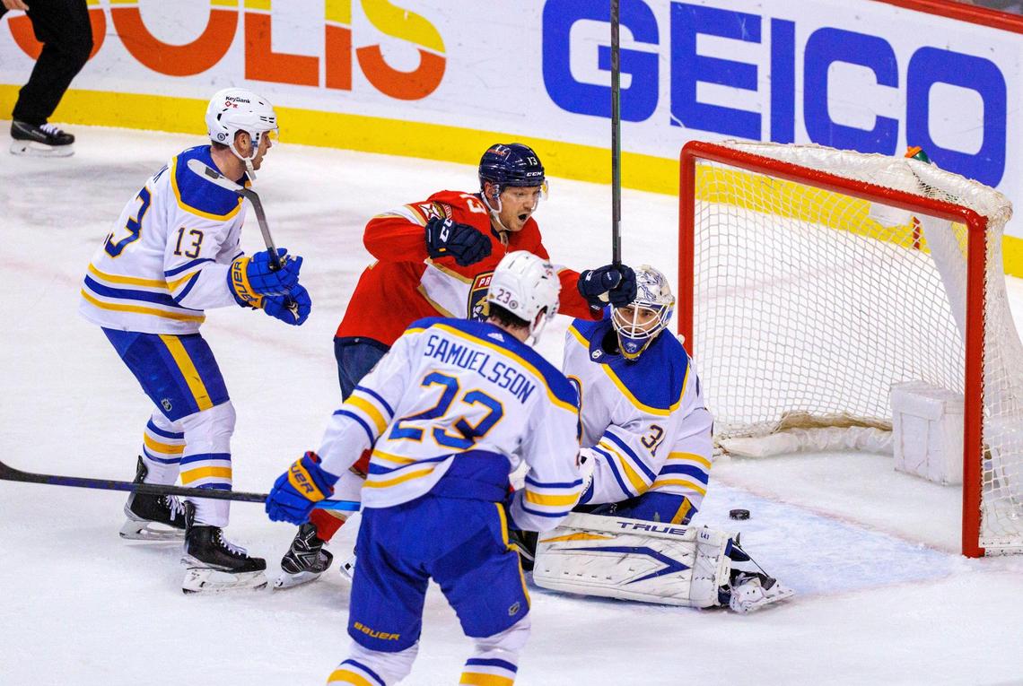 Florida Panthers center Sam Reinhart (13) reacts after scoring a goal against Buffalo Sabres goaltender Dustin Tokarski (31) during the second period of an NHL game at the FLA Live Arena on Friday, April 8, 2022 in Sunrise, Fl.