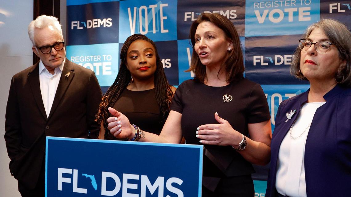 Florida Democratic Party Chair Nikki Fried speaks to reporters on July 8 the Fontainebleau Hotel in Miami Beach.