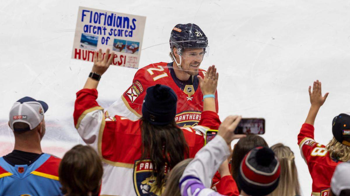 Fans cheer as Florida Panthers center Nick Cousins participates in the warmup period before the start of his Game 4 of the NHL Stanley Cup Eastern Conference Final against the Carolina Hurricanes at the FLA Live Arena on Wednesday, May 24, 2023 in Sunrise, Florida. A game-winning goal with 4.9 seconds left lifted the Florida Panthers past the Hurricanes in a sweep and into the Stanley Cup Final.
