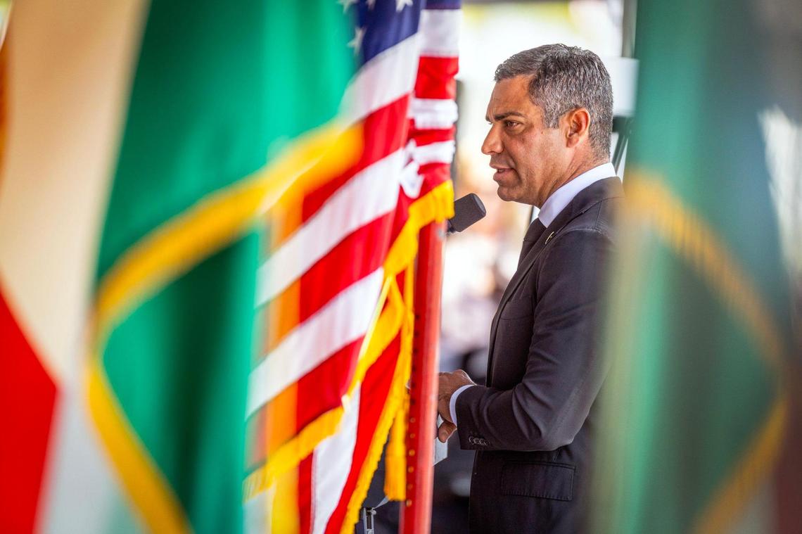 Miami Mayor Francis Suarez speaks during a memorial service at Miami City Hall for Commissioner Manolo Reyes in Miami on Wednesday, April 16, 2025.