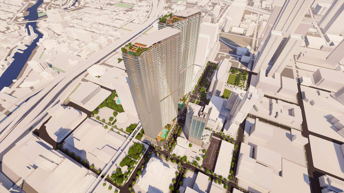 A rendering of the two towers Brightline parent Florida East Coast Industries plans for downtown Miami, next to the Government Center Metrorail station and across the street from Brightline’s Miami Central train complex.