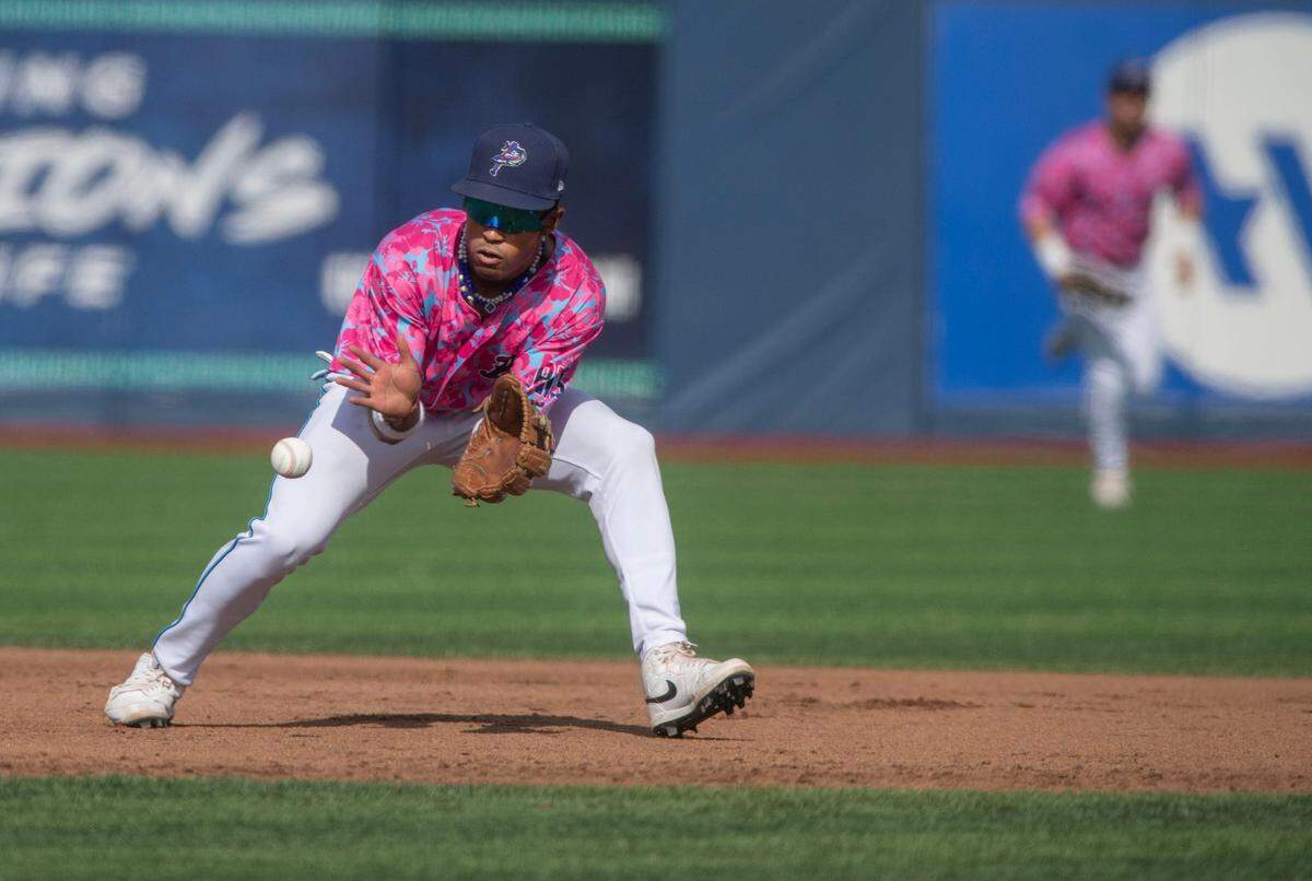 Blue Wahoos’ shortstop Nasim Nunez makes the play to first base during play against the Birmingham Barons Sunday, April 23, 2023 at Blue Wahoos Stadium.