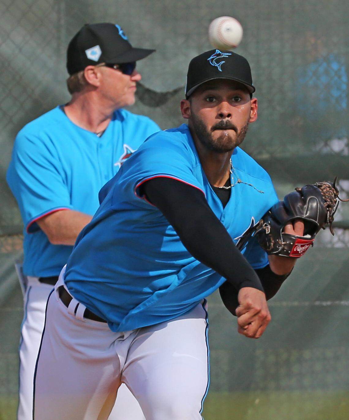 Miami Marlins pitcher Pablo Lopez (49) pitches during the first full-squad spring training workout on Monday, February 18, 2019 in Jupiter, FL.