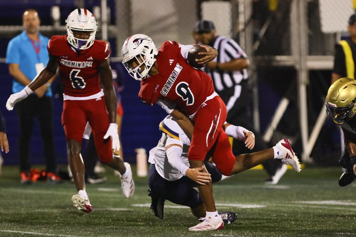 Chaminade-Madonna Lions running back Camari Hall (9) runs with the football against the St. Thomas Aquinas Raiders during the first quarter of a high school football game at Pitbull Stadium at Florida International University in Miami, Florida, Friday, October 11, 2024.