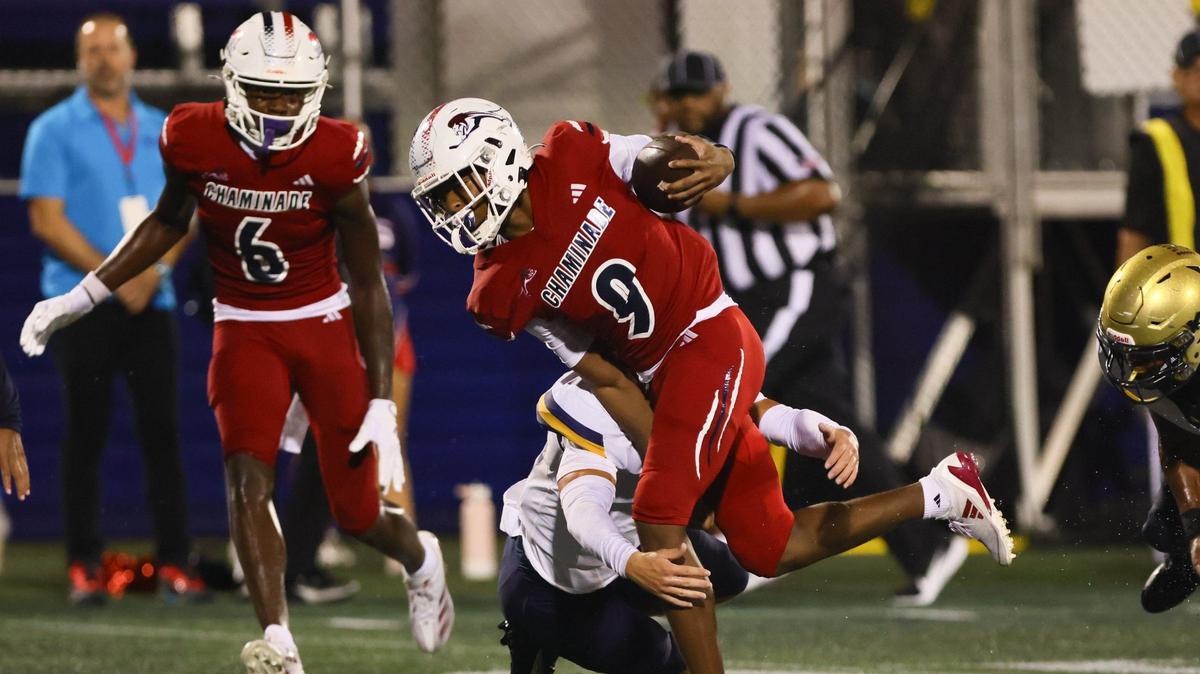 Chaminade-Madonna Lions running back Camari Hall (9) runs with the football against the St. Thomas Aquinas Raiders during the first quarter of a high school football game at Pitbull Stadium at Florida International University in Miami, Florida, Friday, October 11, 2024.