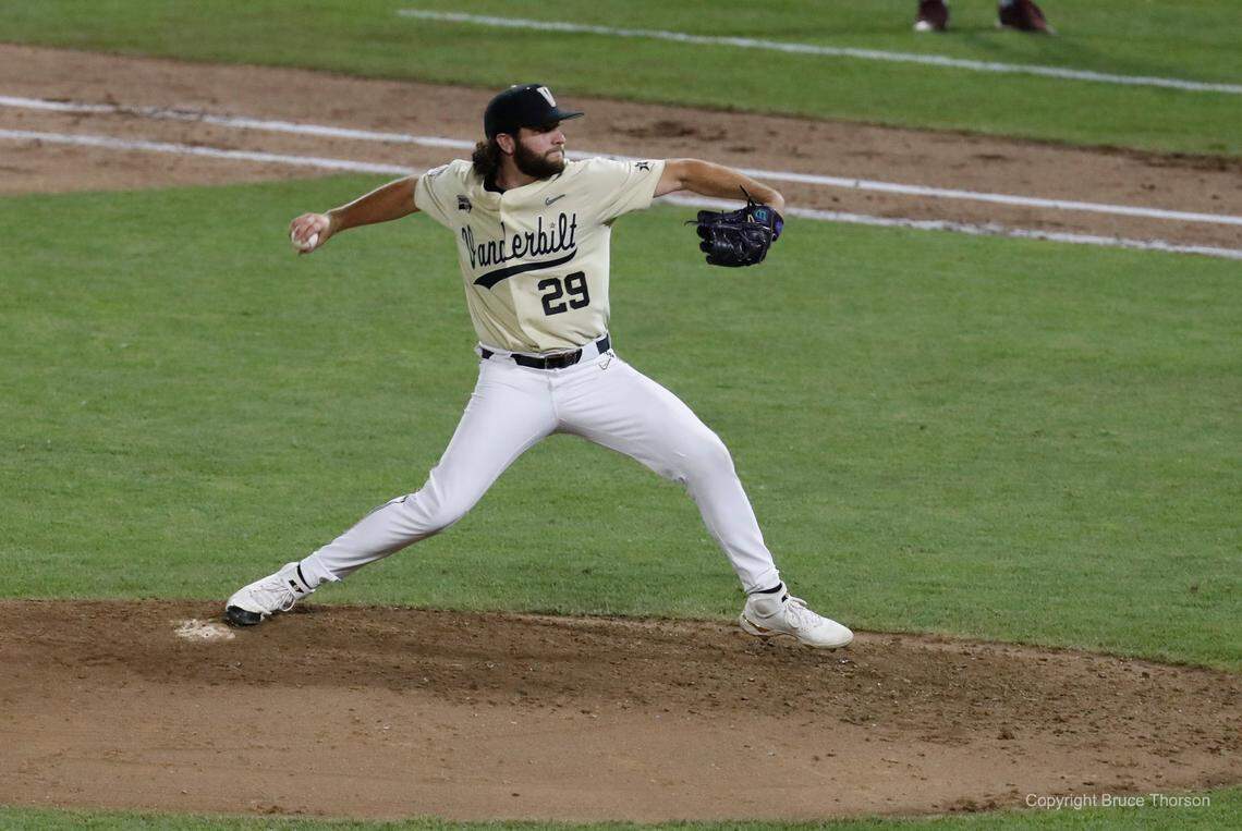 Vanderbilt Commodores pitcher Nick Maldonado (29) throws against the Mississippi State Bulldogs in the eighth inning at TD Ameritrade Park.