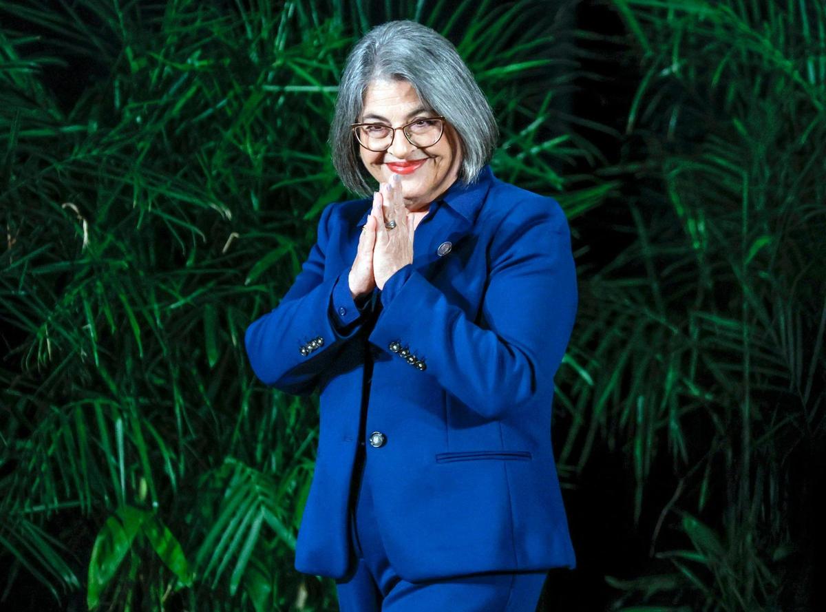 Miami-Dade Mayor Daniella Levine Cava departs the stage after delivering the annual State of the County address at Miami Senior High School in Miami on Thursday, Jan. 30, 2025.