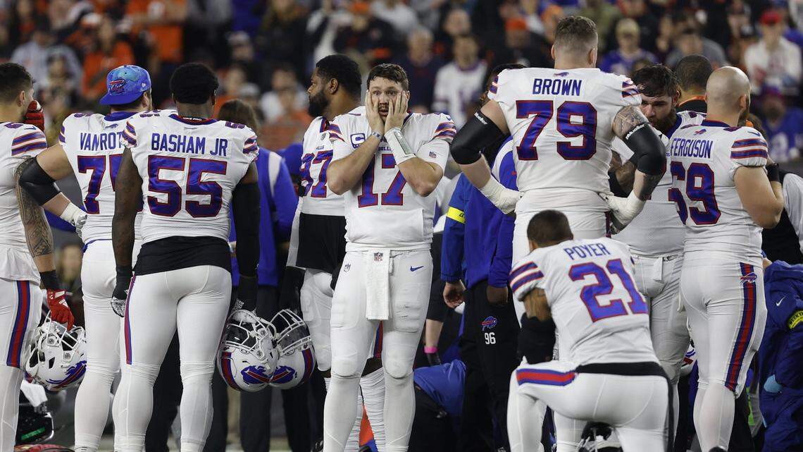 Buffalo Bills players react after teammate Damar Hamlin (3) was injured against the Cincinnati Bengals during the first quarter at Paycor Stadium on January 02, 2023, in Cincinnati, Ohio. (Kirk Irwin/Getty Images/TNS)
