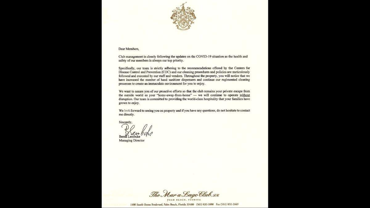 The general manager of Mar-a-Lago wrote a memo to club members on March 11, 2020, discussing precautions the club was taking to prevent the spread of the novel coronavirus.