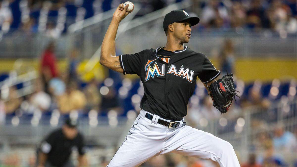 Miami Marlins starting pitcher Sandy Alcantara (22) faces the New York Mets in his 2018 MLB debut at Marlins Park in Miami, Friday, June 29, 2018.