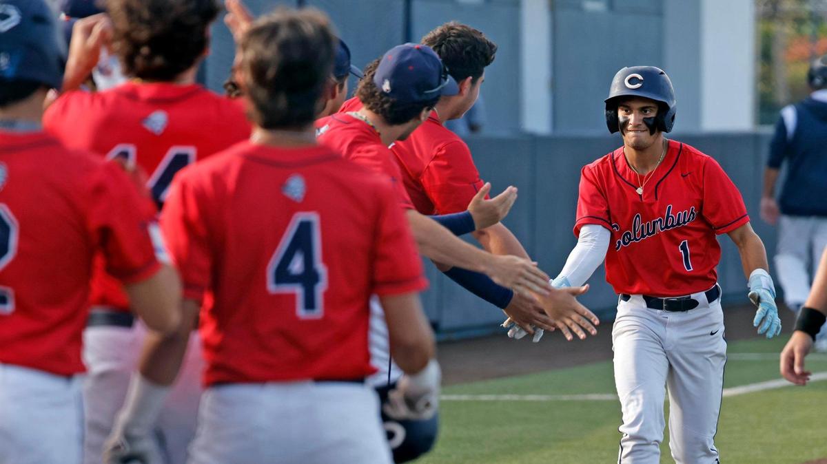 Explorers Carlos Jacome (1) celebrates with teammates after his homerun against the Varela Vipers in the first inning during the GMAC baseball championship game at Christopher Columbus High School in Miami, Fl on Thursday, April 20, 2023.