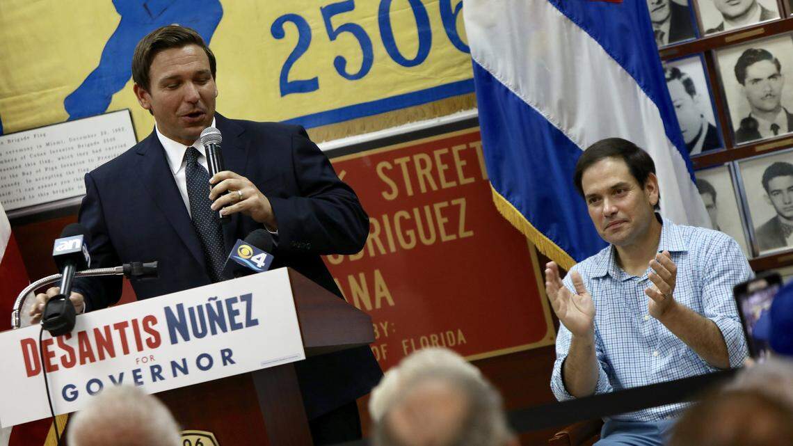 Republican Florida Sen. Marco Rubio and Gov. Ron DeSantis boycotted President Joe Biden’s State of the Union, but won’t condemn GOP leader and ex-President Donald Trump for still loving on Vladimir Putin after Russia’s invasion of Ukraine. They’re pictured here campaigning at the Bay of Pigs Museum & Library in Miami in 2018.
