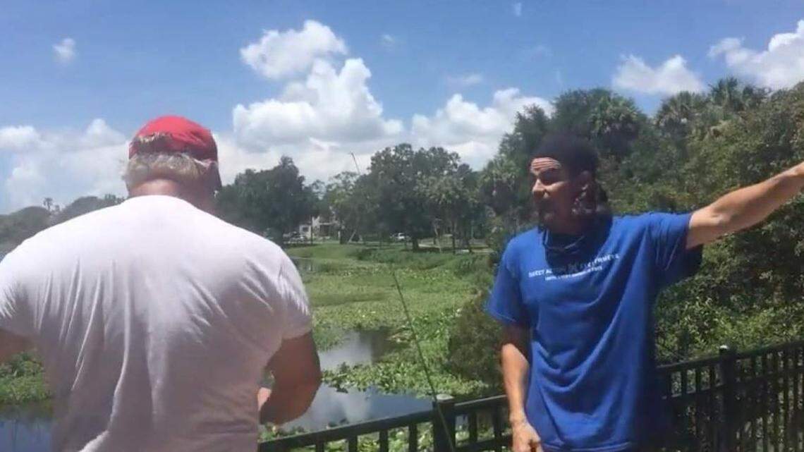 Michael Leaming confronts people fishing at Crescent Lake Park before throwing a fish they caught back in the lake in a video that went viral.