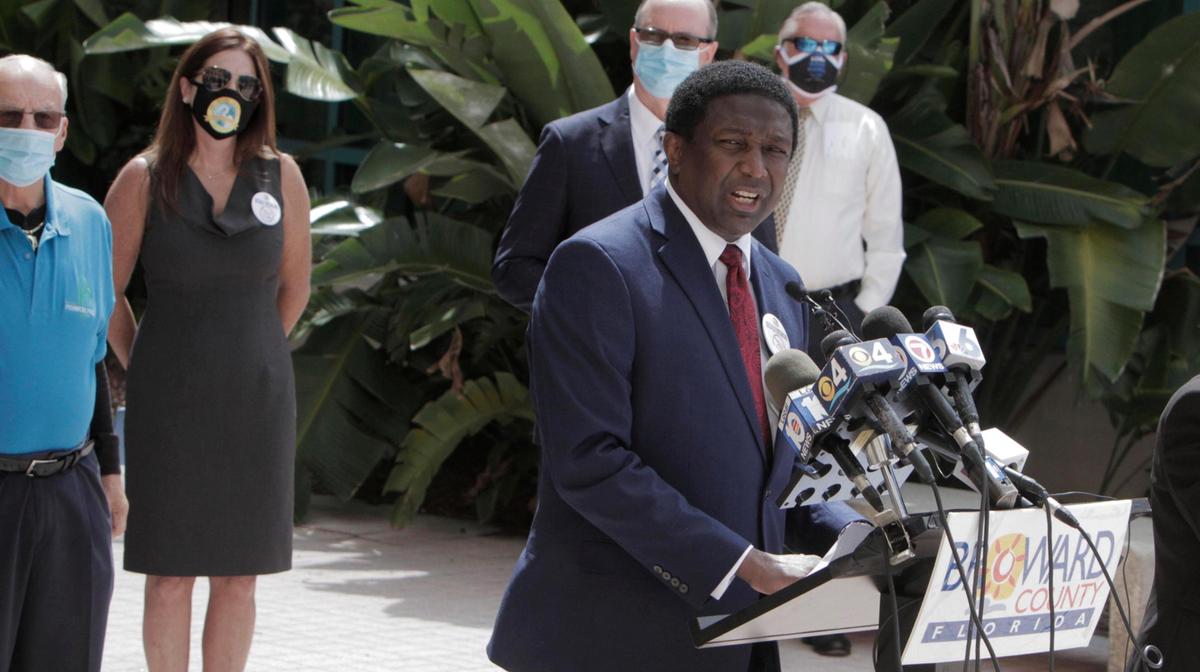Broward County Mayor Dale Holness, joined by the mayors of nine cities, Sheriff Gregory Tony and other officials, announced stricter enforcement measures for businesses not complying with emergency orders related to COVID-19 at a press conference in Fort Lauderdale on Wednesday, June 24, 2020.
