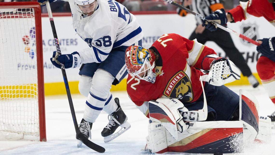 Florida Panthers goaltender Sergei Bobrovsky (72) blocks a shot on goal during the first period of Game 3 in the second round of the NHL Stanley Cup playoffs on Sunday, May 7, 2023, at FLA Live Arena in Sunrise, Florida.