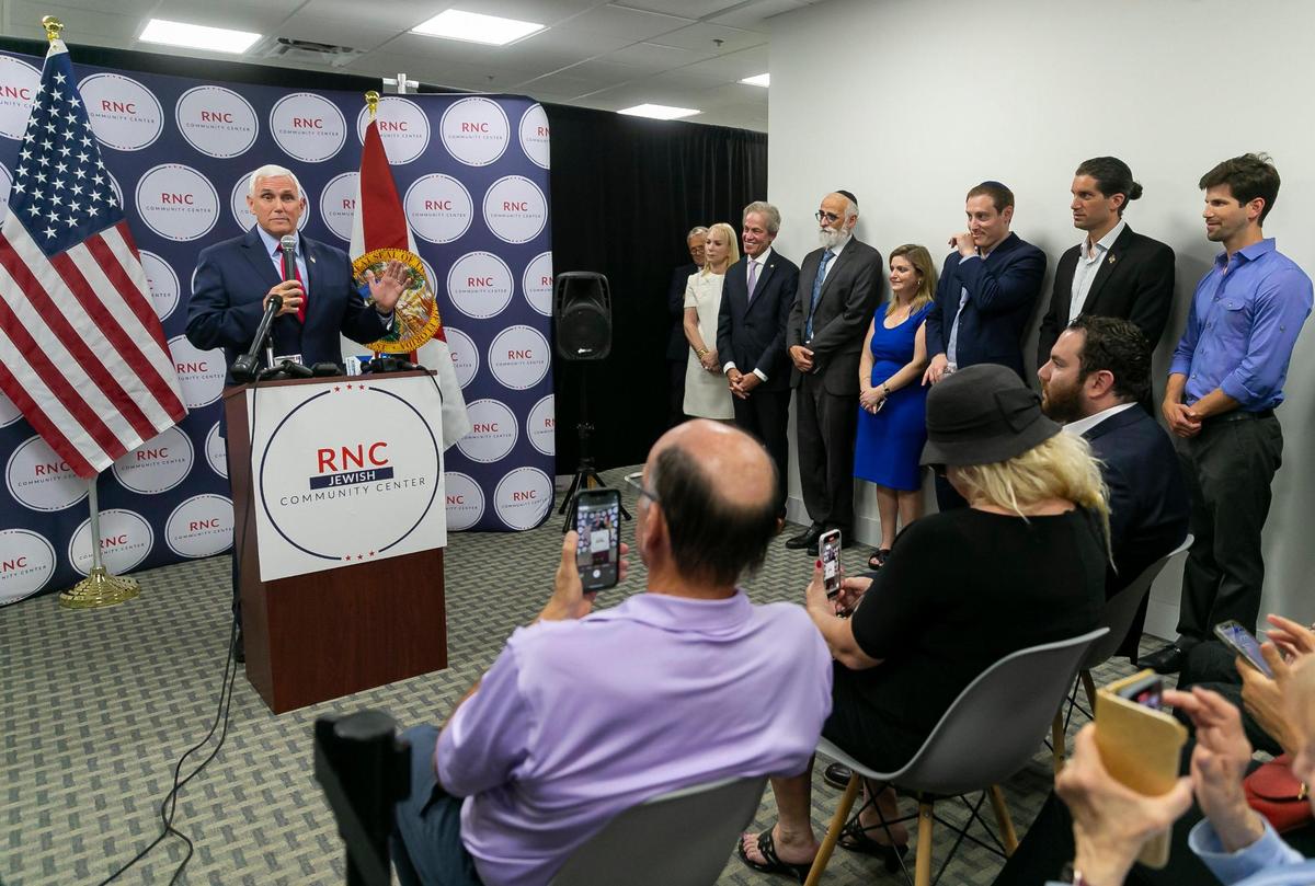 Former Vice President Mike Pence gives a speech at the Republican National Committee’s newly opened Jewish Community Center in Boca Raton, Florida on Monday, May 2, 2022.