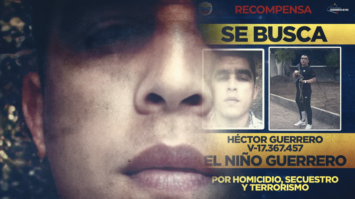 A wanted poster for Héctor Rusthenford Guerrero Flores, known as Niño Guerrero, identified by Venezuelan authorities as the leader of the Tren de Aragua gang.