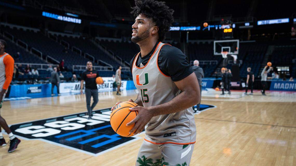 University of Miami power forward Norchad Omier, who is recovering from a sprained ankle, practiced with the team at MVP Arena in Albany, N.Y. in March 2023. Ankle sprains involve a tearing of a ligament and may need surgery to heal.