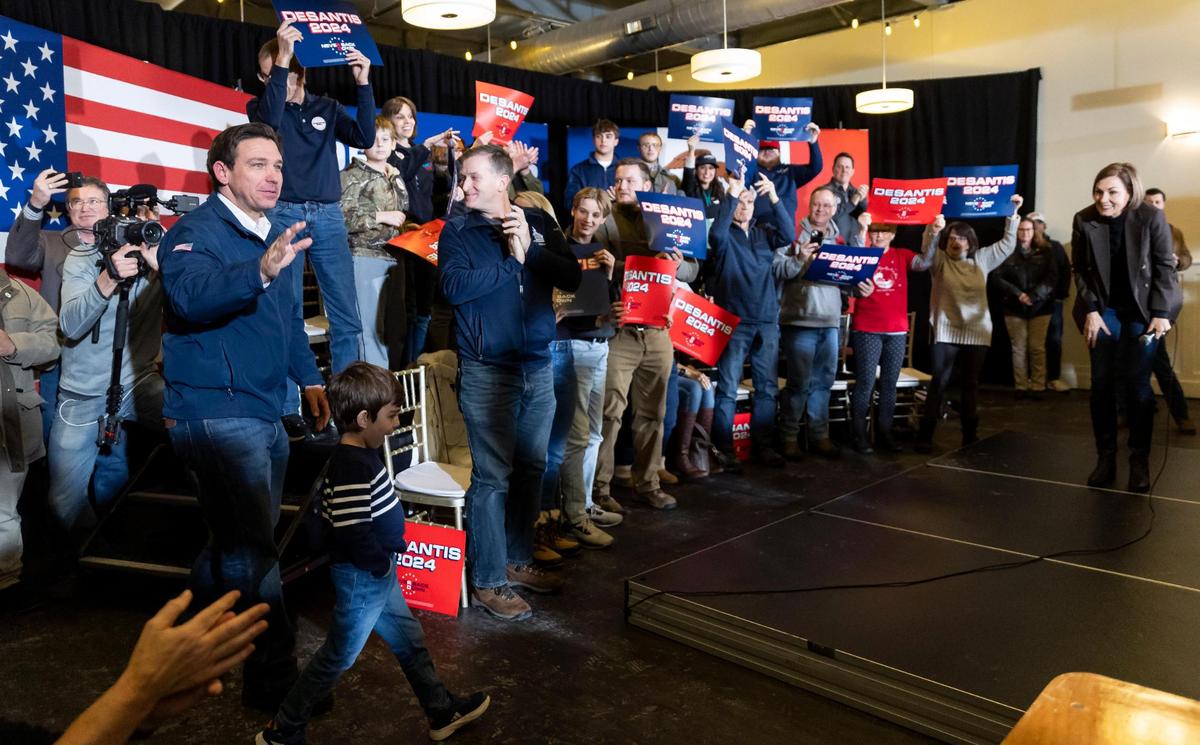 Florida Governor Ron DeSantis is presented to supporters during a rally at The District Venue on Sunday, Jan. 14, 2023, in Ankeny, Iowa. DeSantis is hoping for a strong performance in the Iowa caucuses.
