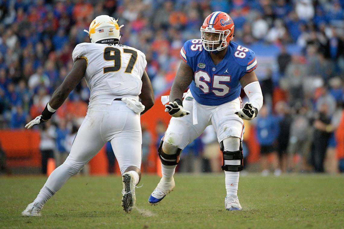 Florida offensive lineman Jawaan Taylor (65) sets up to block against Missouri defensive lineman Akial Byers (97) during the second half of an NCAA college football game, in Gainesville, Fla. Taylor is a possible pick in the 2019 NFL Draft.