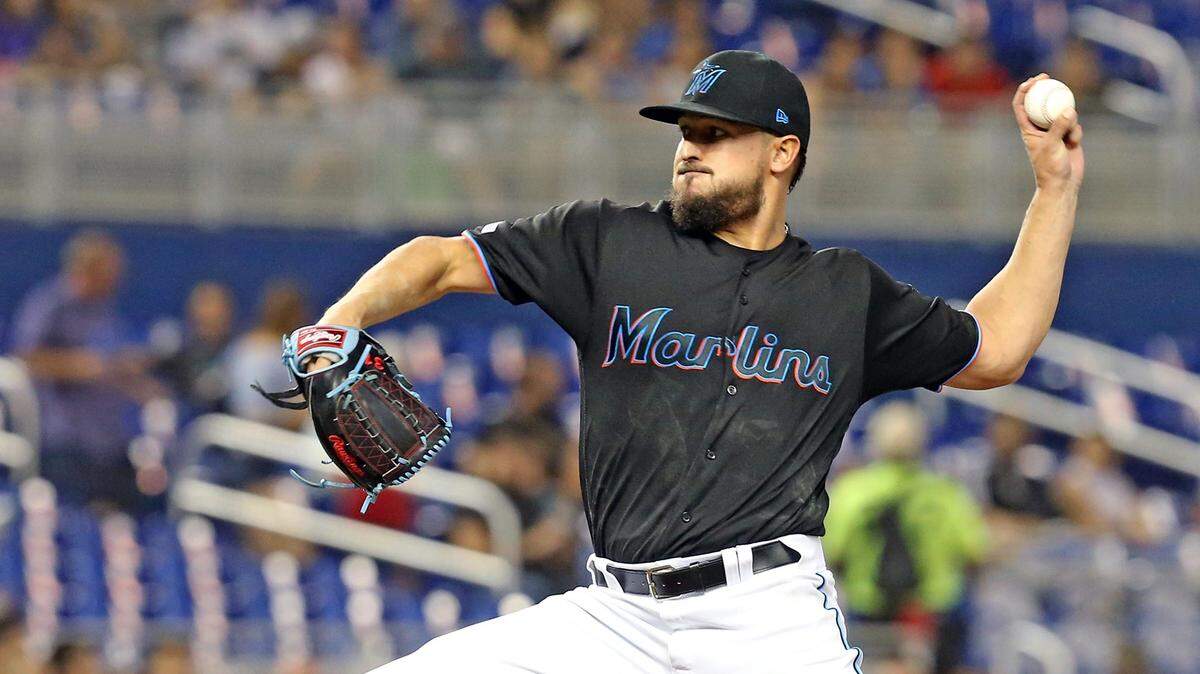 Miami Marlins pitcher Caleb Smith (31) as they play the Atlanta Braves at Marlins Park in Miami, Florida, Friday, August, 9, 2019.