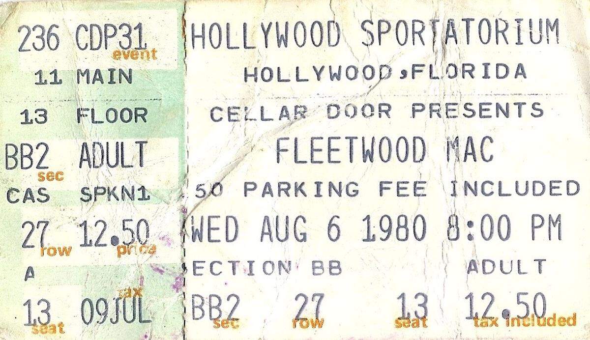 Fleetwood Mac peformed its Tusk Tour at the Hollywood Sportatorium on Aug. 6, 1980. The lineup featured Christine McVie, Stevie Nicks, Lindsey Buckingham, John McVie and Mick Fleetwood. Christine recalled almost passing out from the heat on the stage at the old venue.