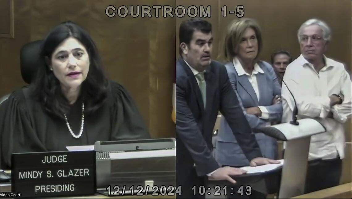 Miami, Florida, Dec. 12, 2024 - Frame grab from video, Miami attorney Joel Denaro and parents of Oren and Alon Alexander, right, face Judge Mindy Glazer, left, during a hearing in Miami-Dade Circuit Court.