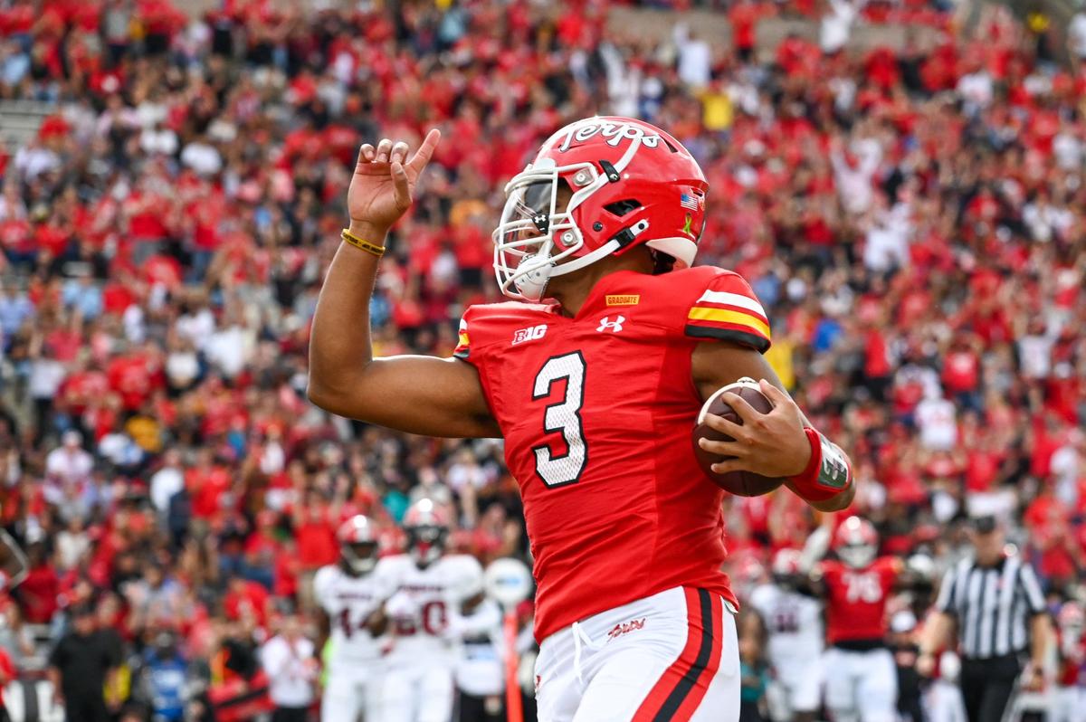 Sep 30, 2023; College Park, Maryland, USA; Maryland Terrapins quarterback Taulia Tagovailoa (3) reacts after running for a touchdown during the first half against the Indiana Hoosiers at SECU Stadium. Mandatory Credit: Tommy Gilligan-USA TODAY Sports