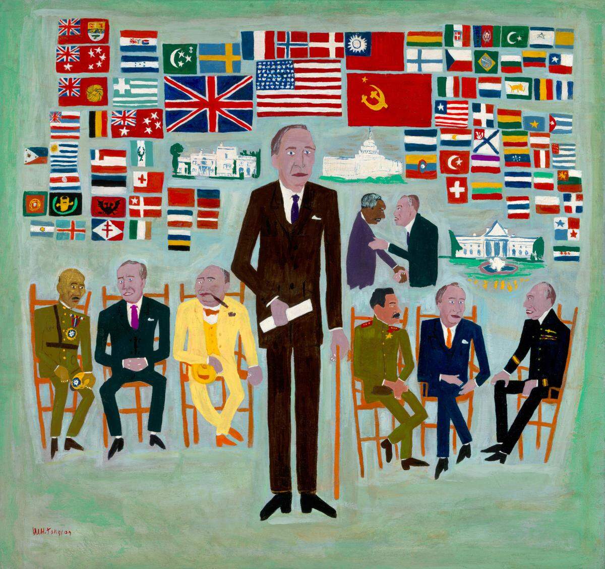 “FDR and the U.N.,” is one of the works by William Johnson at the Philip and Patricia Frost Museum of Art at Florida International University.