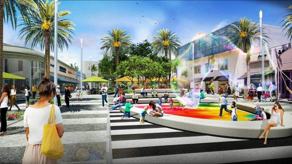 As part of a planned $67 million renovation to Lincoln Road, the current turf-covered oval at Euclid Ave. would be redone as part planter and part amphitheater with a colored floor.
