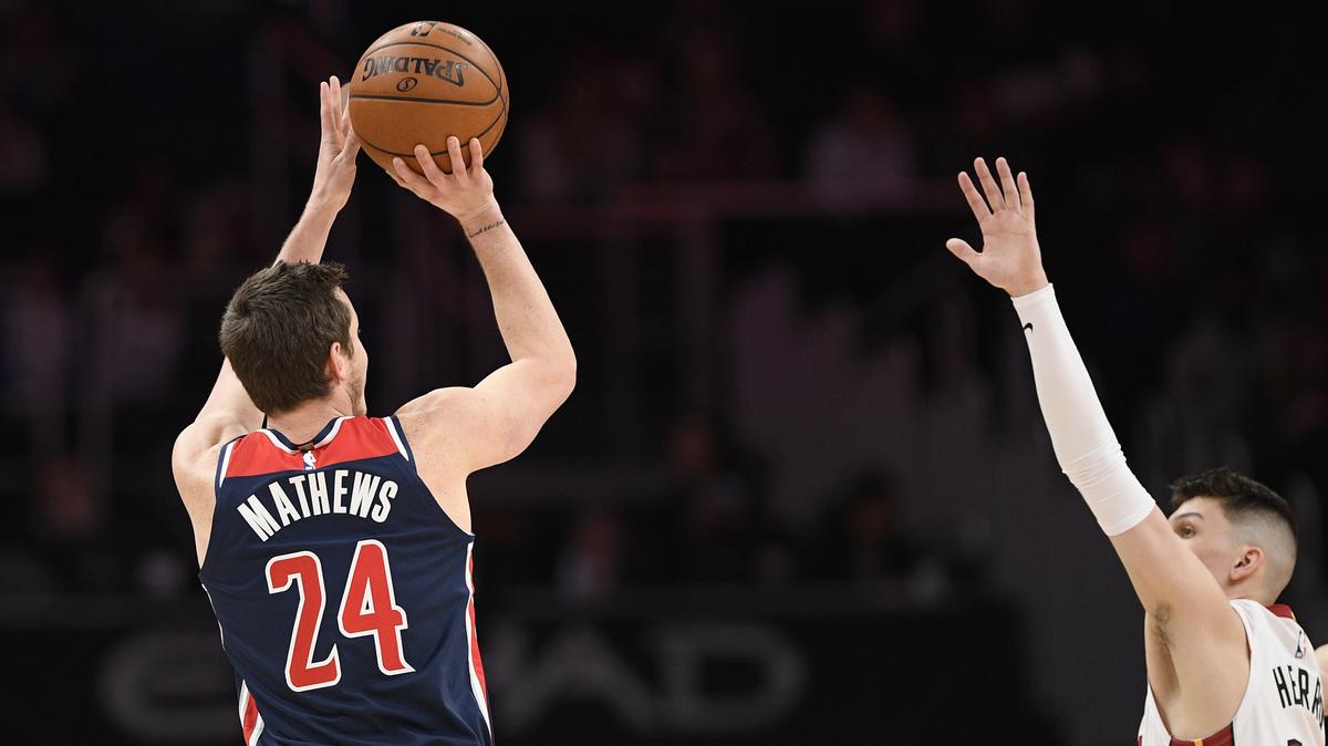 Washington Wizards guard Garrison Mathews (24) shoots against Miami Heat guard Tyler Herro (14) during the first half of an NBA basketball game, Monday, Dec. 30, 2019, in Washington. (AP Photo/Nick Wass)