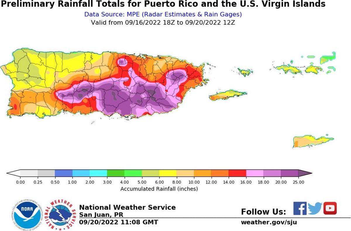 Towns in the central-eastern and southern regions of Puerto Rico received over 30 inches of rain from the afternoon of Friday, Sept. 16, 2022, to the morning of Tuesday, Sept. 20, according to preliminary rainfall totals from the National Weather Service in San Juan.