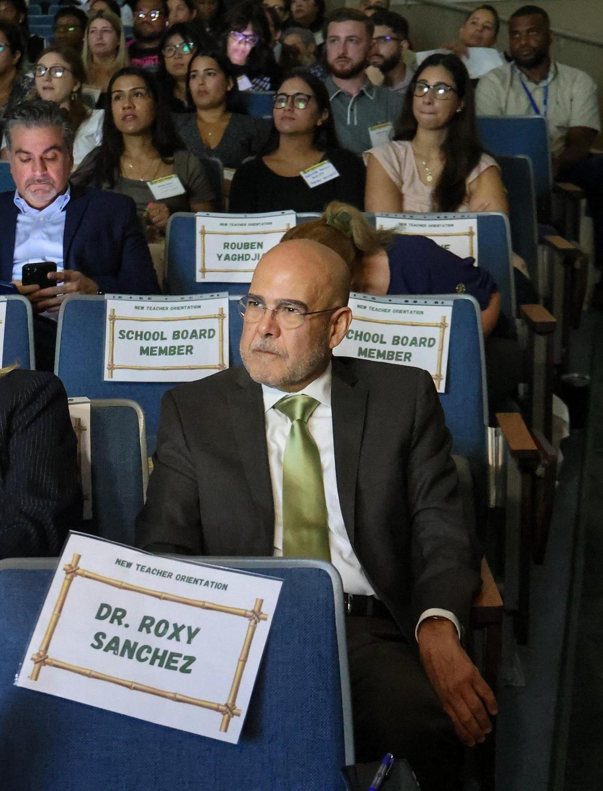 Superintendent Dr. Jose L. Dotres listens to opening remarks as he waits to greet about 450 new teachers at the New Teacher Orientation at Hialeah Gardens Senior High on Monday, August 7, 2023.