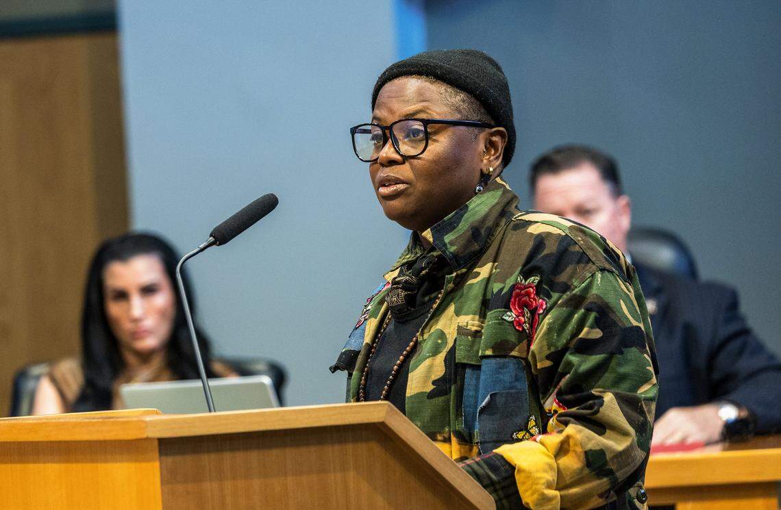 Dasha Saintremy, manager of the Little Haiti Cultural Center, speaks during a Civil Service Board meeting concerning her 3-days suspension, effective December 26, 2025, as she disputing her suspension by the city's parks and recreation department. at Miami City Hall, on Tuesday, February 03, 2026.