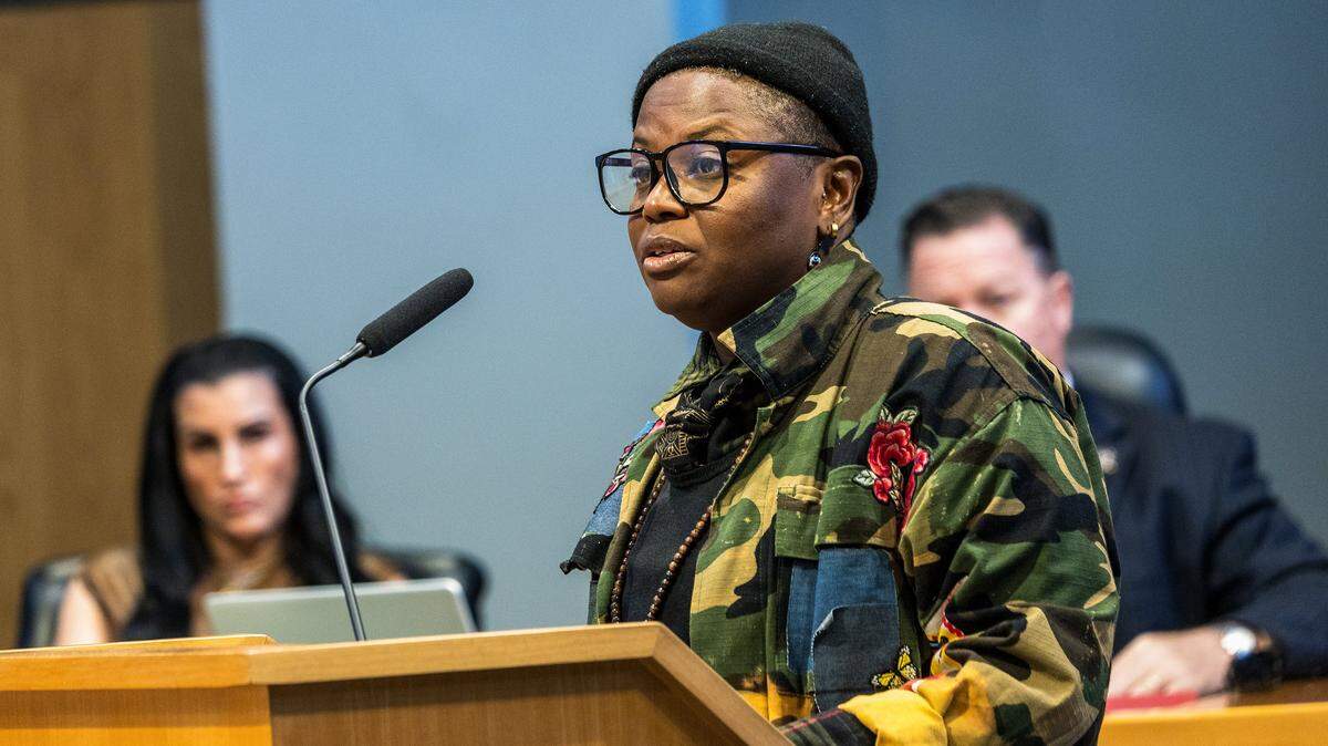 Dasha Saintremy, manager of the Little Haiti Cultural Center, speaks during a Civil Service Board meeting concerning her 3-days suspension, effective December 26, 2025, as she disputing her suspension by the city's parks and recreation department. at Miami City Hall, on Tuesday, February 03, 2026.