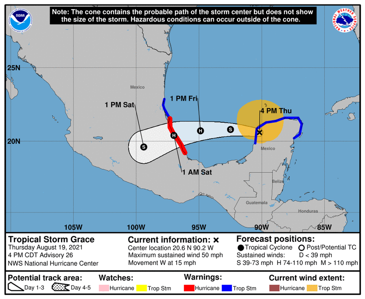 Tropical Storm Grace was nearly through the Yucatan Peninsula as of the hurricane center’s 5 p.m. update.