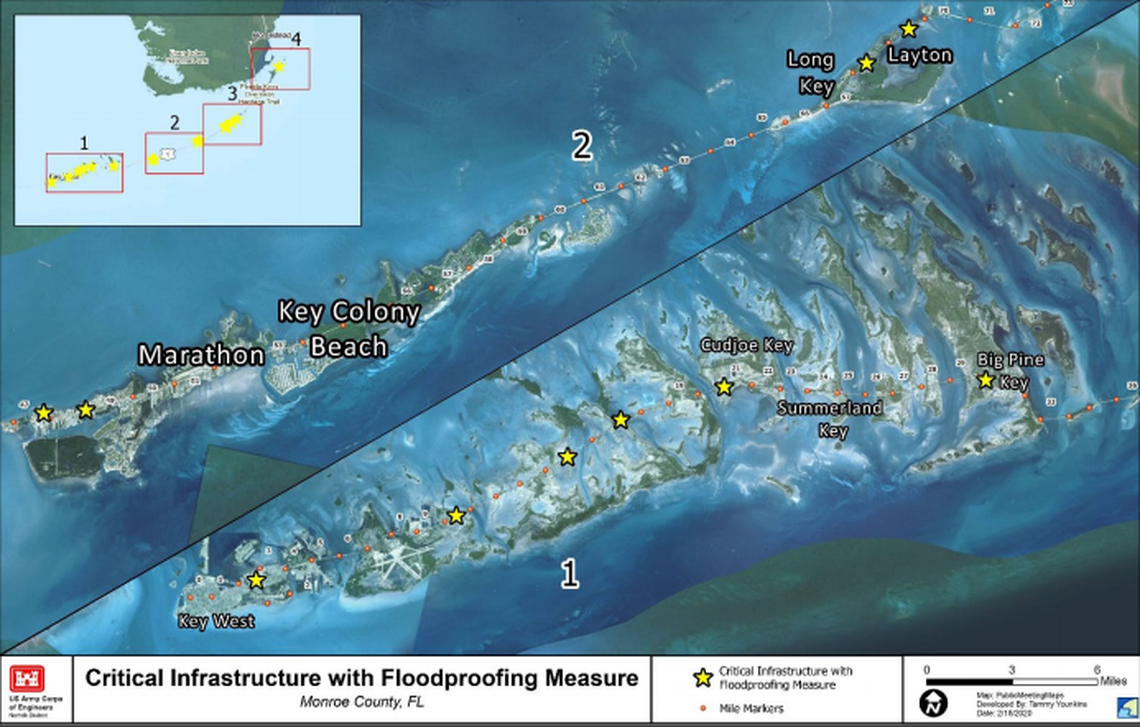 An Army Corps of Engineers map depicting the hospitals, police stations and water treatment facilities that could be elevated or floodproofed to protect the island chain from hurricanes.