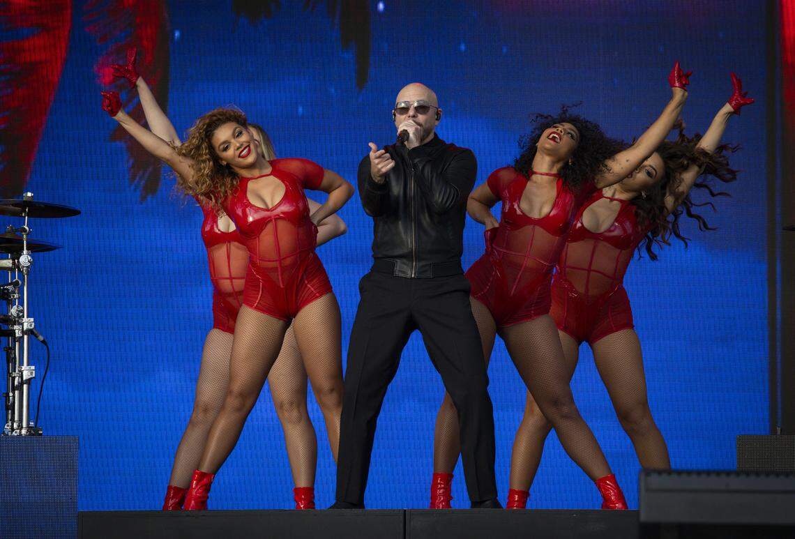 Pitbull performs at the Allstate Championship Tailgate at the stadium before the College Football Playoff National Championship Game at Hard Rock Stadium on Monday, Jan. 19, 2026 in Miami Gardens, Fla.