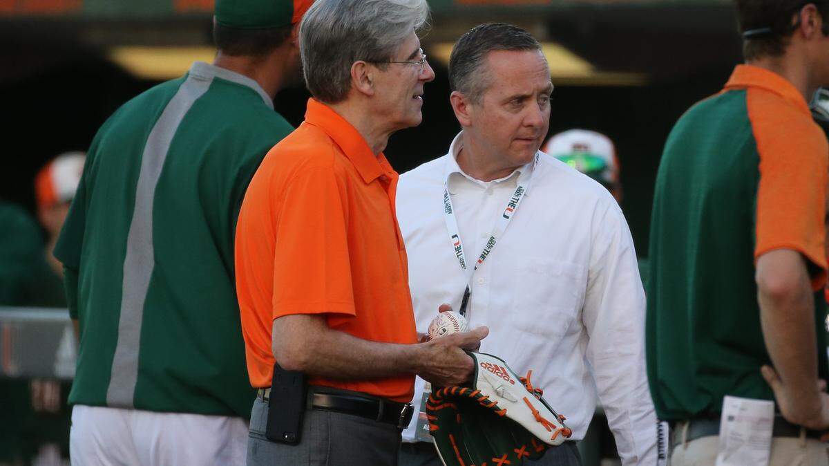 From left to right, University of Miami president Julio Frenk alongside Miami Hurricanes Athletic Director Blake James before the start of a NCAA baseball game against the Florida Atlantic University at Alex Rodriguez Park at Mark Light Field on Wednesday, February 20, 2019 in Coral Gables.