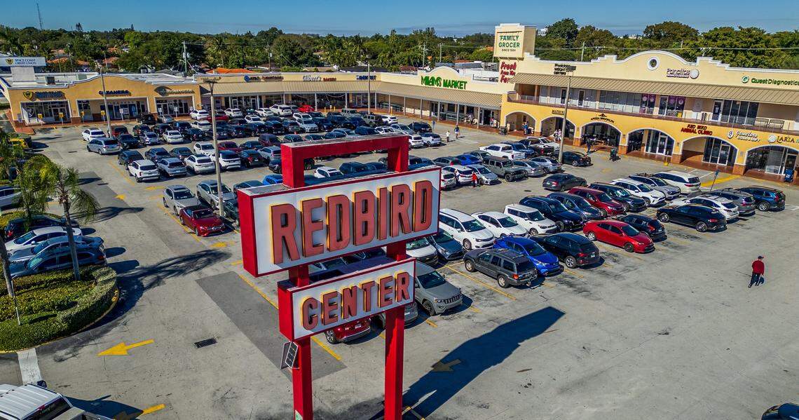 Aerial view of the Red Bird Shopping Center on Wednesday, Dec. 31, 2025. The property was recently sold to a developer for $62.1 million. The center is at the northwest corner of Southwest 40th Street (Bird Road) and 57th Avenue (Red Road), neighboring Coral Gables.