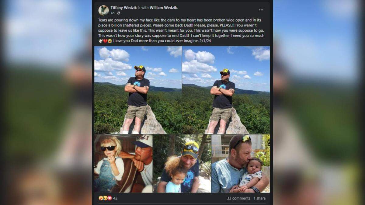 Tiffany Wedzik mourned her dad, William Wedzik, in a Facebook post after he was killed in a crash while riding a bicycle on the Seventh Avenue drawbridge over the New River in Fort Lauderdale, Florida, on Thursday, Feb. 1, 2024.