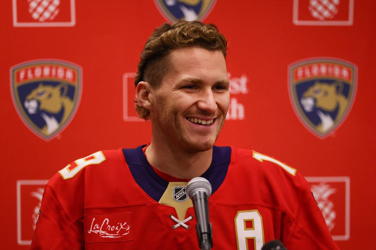 Florida Panthers left wing Matthew Tkachuk (19) talks to reporters during media day at Baptist Health IcePlex in Fort Lauderdale, Florida, on Wednesday, September 18, 2024.