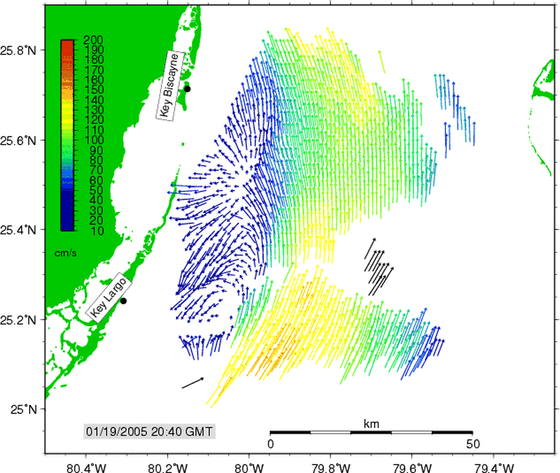 Measurements using high frequency radar show how the Florida Current flows past Biscayne Bay, with eddies forming that can deposit algae off the coast. Source: Nick Shay, University of Miami Rosenstiel School of Marine and Atmospheric Science
