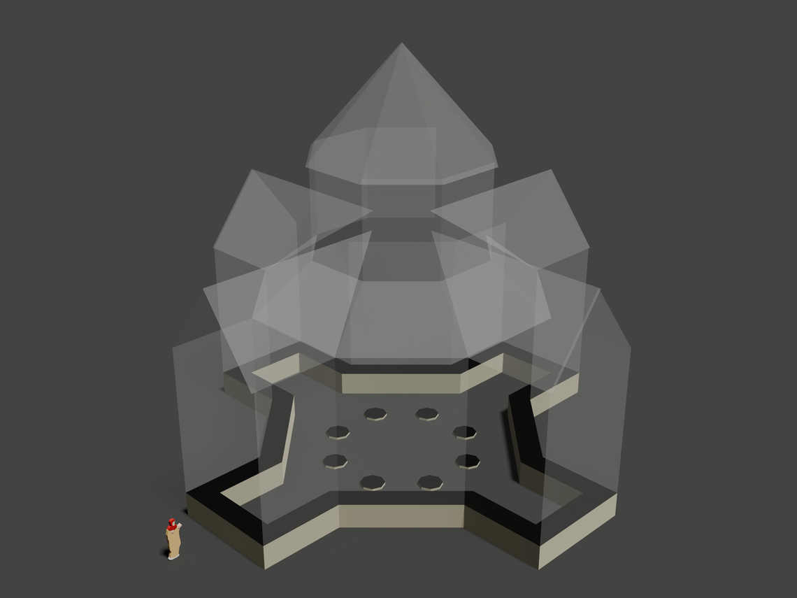 A rendering shows the foundation of the building with what experts think the rest of the structure would have looked like.