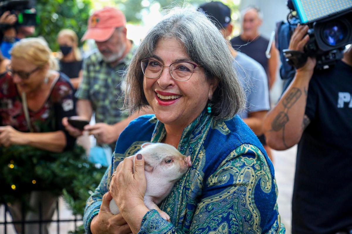 Miami-Dade County Mayor Daniella Levine Cava holds Shlomo, one of the four pigs to receive a mayoral pardon at Latin Café 2000 in Brickell.