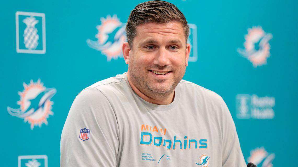 Miami Dolphins offensive line coach Matt Applebaum speaks to reporters before practice at Baptist Health Training Complex in Miami Gardens on Thursday, September 22, 2022.