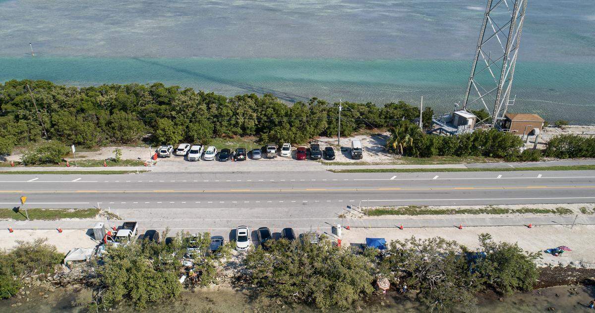 A photo taken by an aerial drone shows Indian Key Fill on July 4, 2019. On busy weekends, the area is usually flooded with parked cars and people. But, the Village of Islamorada announced the area will be off limits over the July 4 weekend beginning Thursday, July 2, 2020.