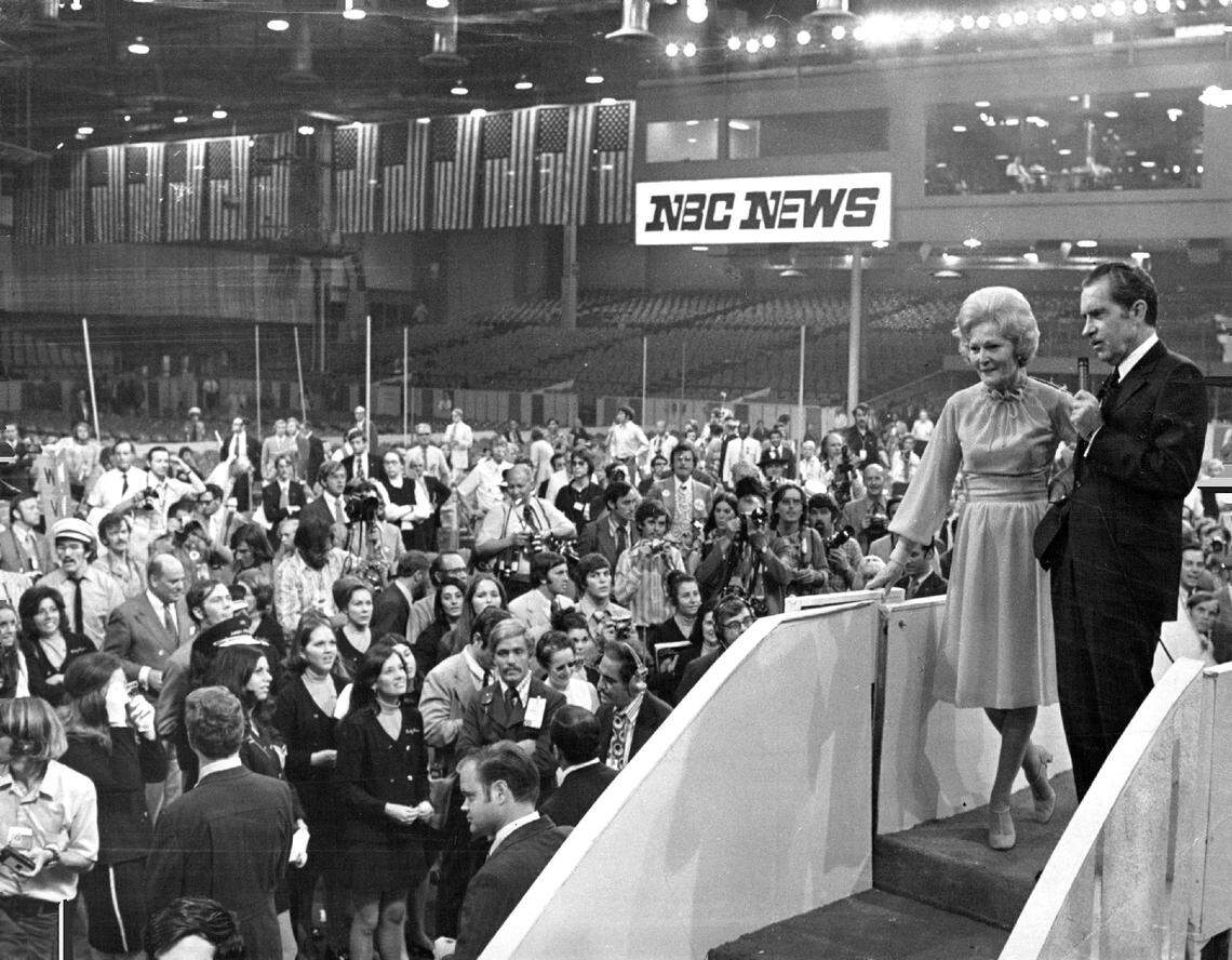 Pat and Richard Nixon shake hands at the 1972 Republican National Convention.